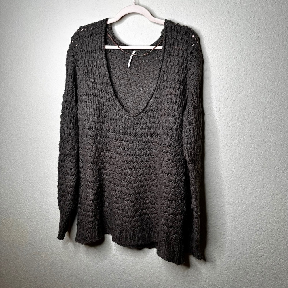 Free People Womens Brown Chunky Open Knit Wool Blend V-Neck Sweater Size S